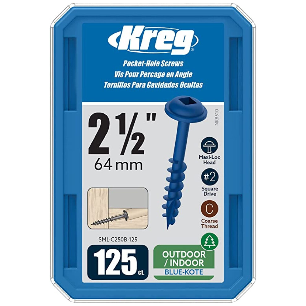 Kreg Sml-C250b-125 Blue Kote Pocket Screws 2 1/2 Inch 8 Coarse Thread Maxi-Loc Head (125 Count) 647096805753