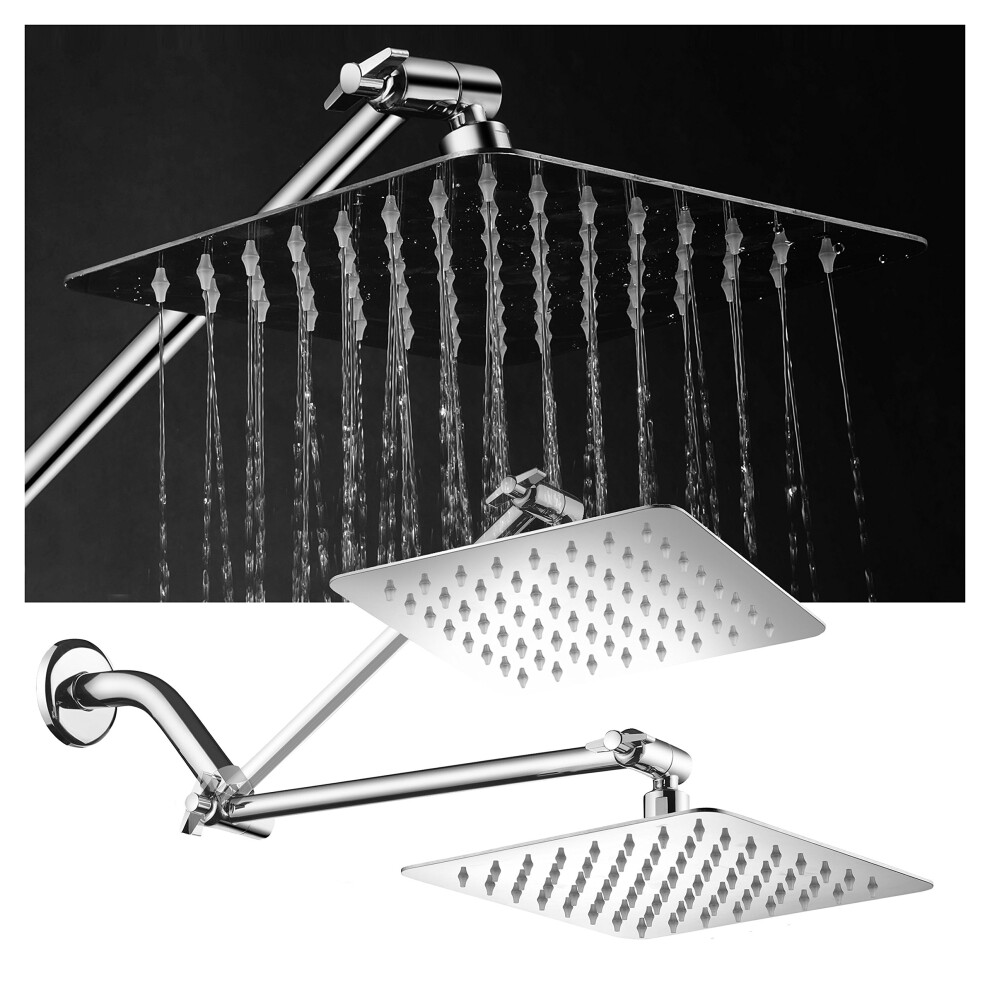 Hotelspa Large 8 Inch Stainless Steel Slimline Square Rainfall Showerhead With Solid Brass Adjustable Extension Arm 689768337230