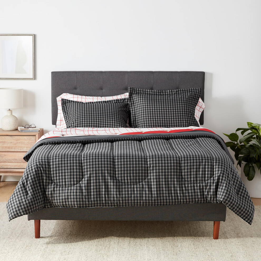 Amazon Basics Full/Queen Comforter Set with Sheets  5-Piece Red Simple Stripe Bedding  Lightweight Microfiber Bed-in-a-Bag