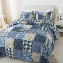 SLPR Blue Symphony Cotton Pieced Quilt Set - Twin with 1 Sham Farmhouse Patchwork Quilted Bedspread with Check and Plaid Pattern Lightweight and Co