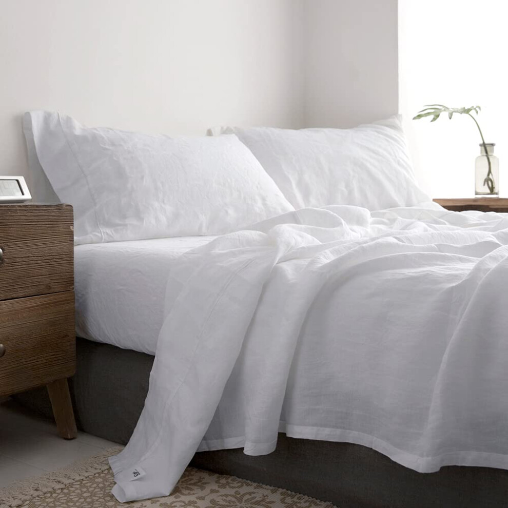Parure de lit Simple&Opulence 100 % lin avec broderie - 4 pi  ces (1 drap plat, 1 drap-housse et 2 taies d'oreiller) - Lin naturel doux et respirant -