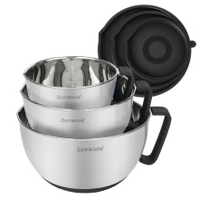Rorence Stainless Steel Non-Slip Mixing Bowls with Pour Spout, Handles and Lids - Set of 3, Black (TIP-B-02B)