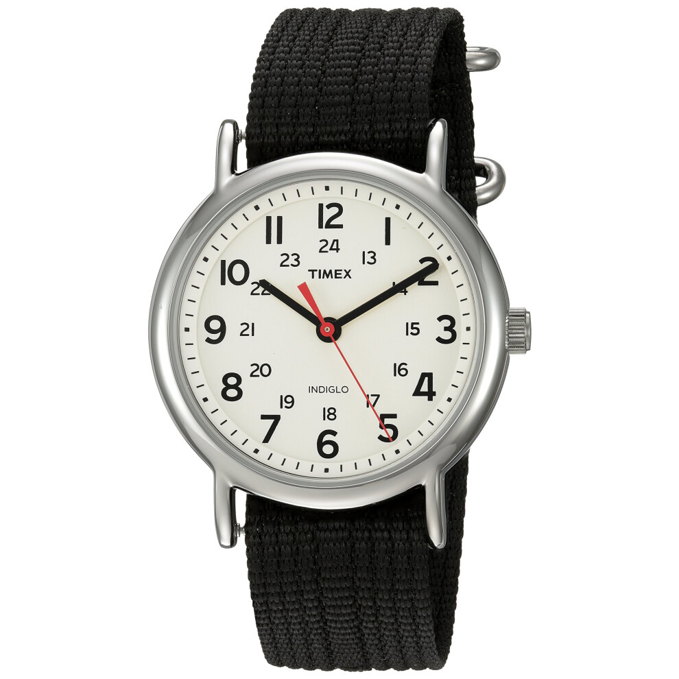 Timex Unisex TWC027600 Weekender 38mm Cream/Black Nylon Slip-Thru Strap Watch