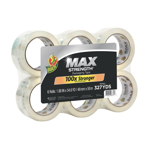 Duck Max Strength Clear Packaging Tape, 6 Ρολά, 327,6 Υάρδες, Ισχυρή Ταινία Συσκευασίας