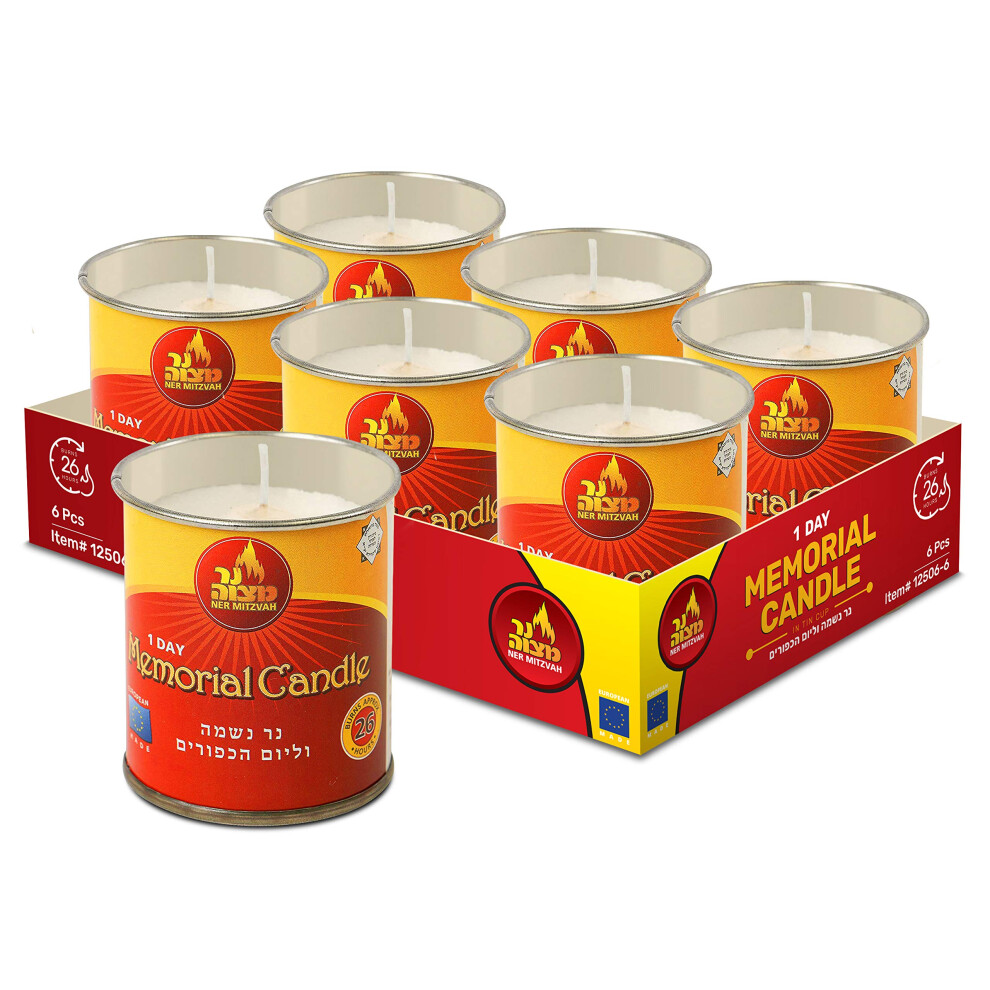 Bougies Ner Mitzvah 1 jour Yartzeit - Lot de 6 - Bougies comm   moratives casher Yahrtzeit 24 heures et Yom Kippour dans un porte-gobelet en    tain