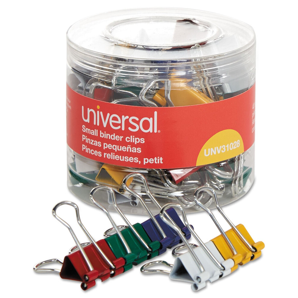 Universal UNV31028 Binder Clips with Storage Tub - Small  Assorted (40/Pack)