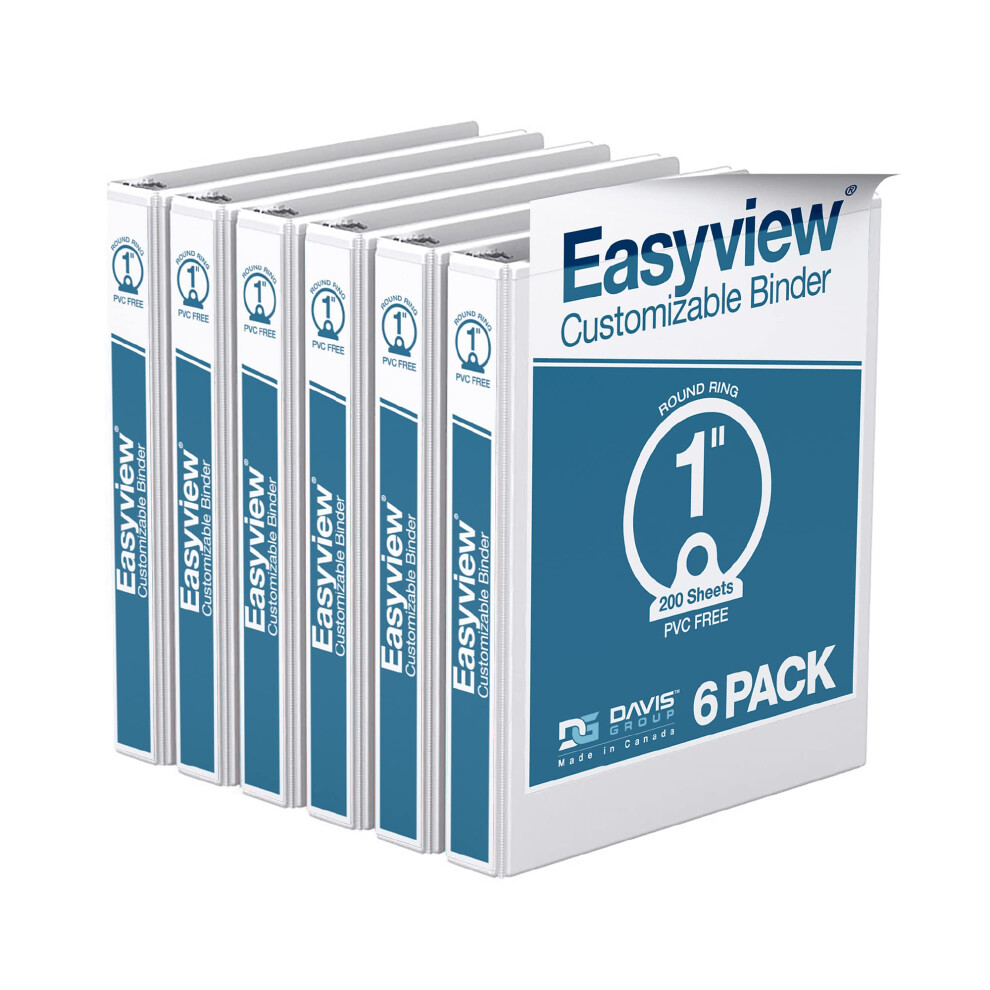 EasyView Premium 1-Inch Binders with Clear-View Covers  3-Ring Binders for School  Office  or Home  Colored Binder Notebooks  Pack of 6  Round Ring  W