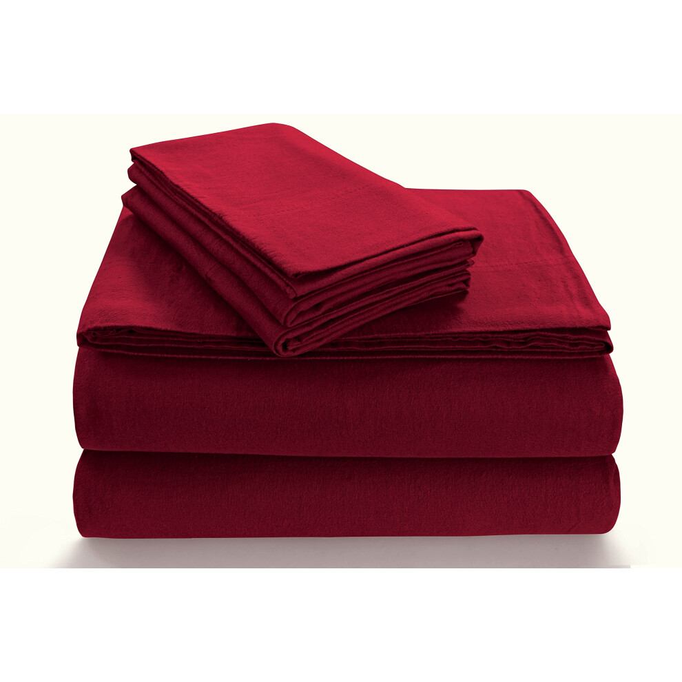 Tribeca Living SOLFL170SSTWDR Ensemble de draps en flanelle unie 140 g avec poche suppl   mentaire pour lit simple, rouge fonc