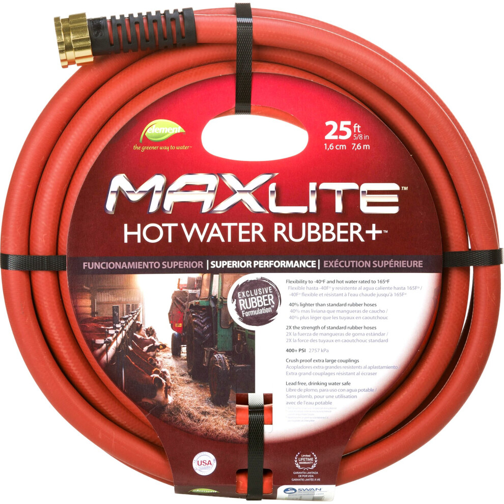 Swan Products CELSGHW58025 Element MAXLite Hot Water Rubber+ Hose with Crush Proof Couplings 25' x 5/8""""  Red