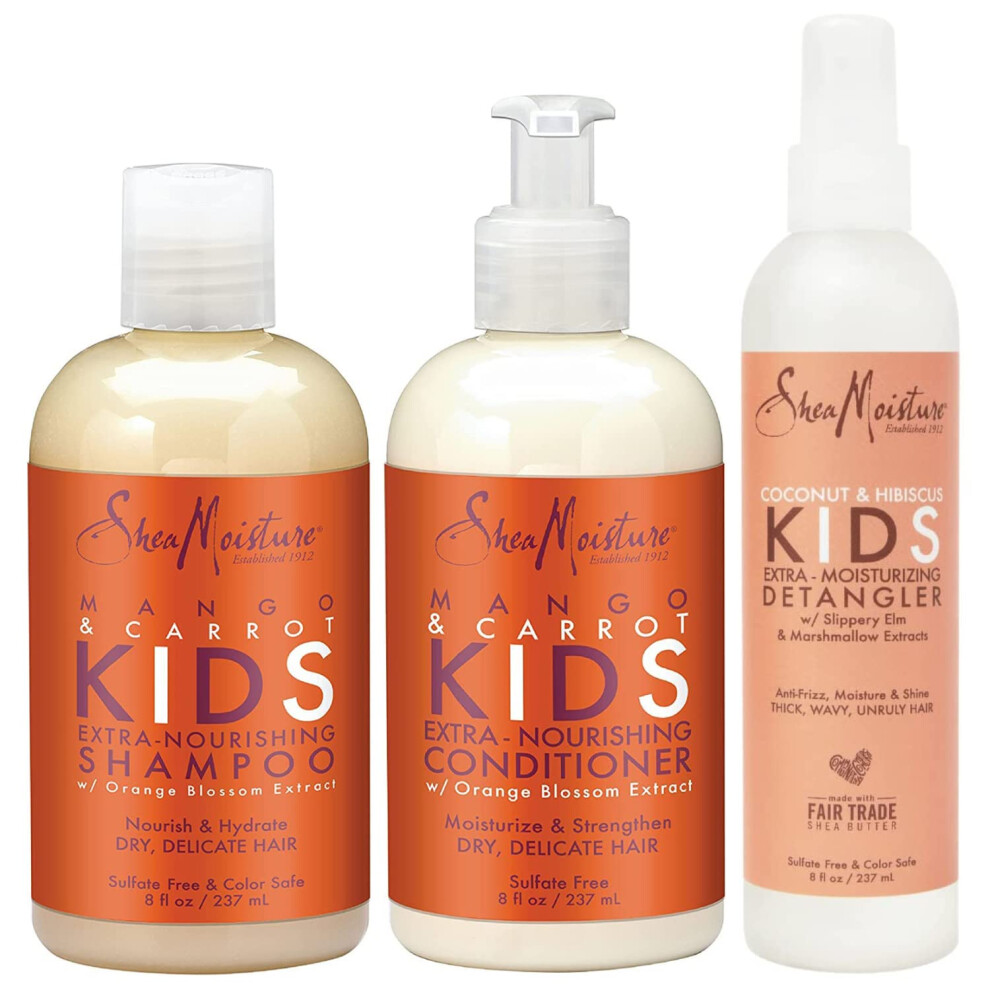 SheaMoisture KIDS Shampoo and Conditioner Set  Extra-Nourishing Mango & Carrot + Coconut & Hibiscus Detangler Spray for KIDS  8 Fl Oz (3 Piece Set)