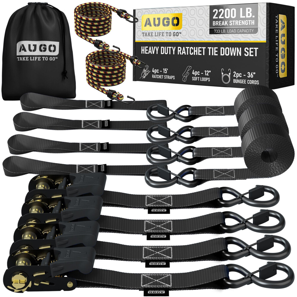 Augo Ratchet Straps Heavy Duty 4 Pack -15 Ft - 2200 Lb Break Strength - Ratchet Tie Down Straps With Safety Lock S Hooks - Cargo Straps For Moving Ap 688474024977