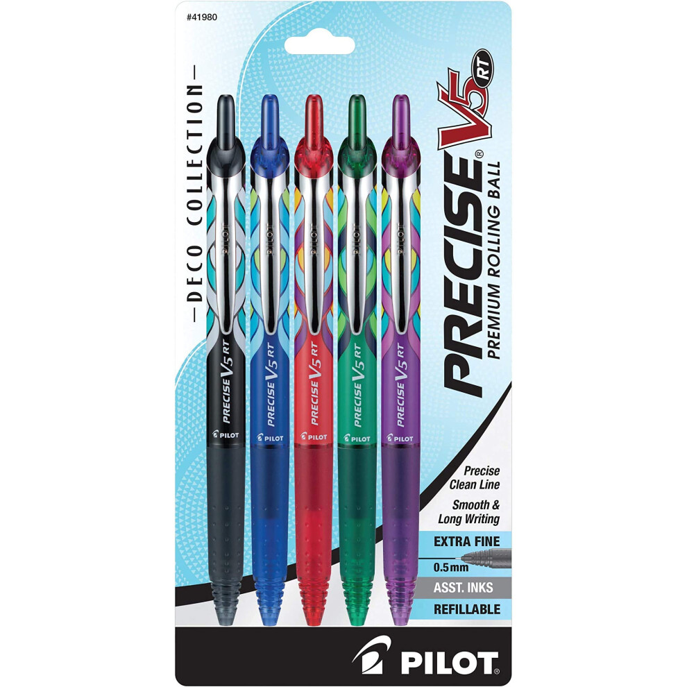 Stylos     bille roulante rechargeables et r   tractables Pilot Precise V5 RT Deco Collection, pointe extra fine 0,5 mm, noir/bleu/rouge/vert/violet