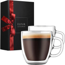 16 oz Large Double Wall Coffee Mug Set of 2 - Double Wall Glass Cofee Cup - Large Coffee Mug Insulated Glass Coffee Mugs with Handle for Hot Drinks