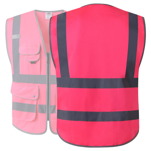 JKSafety Γιλέκο Ασφαλείας 9 Τσεπών με Ανακλαστικές Ράβδους, ANSI/ISEA (Large, 150-Ροζ) 1