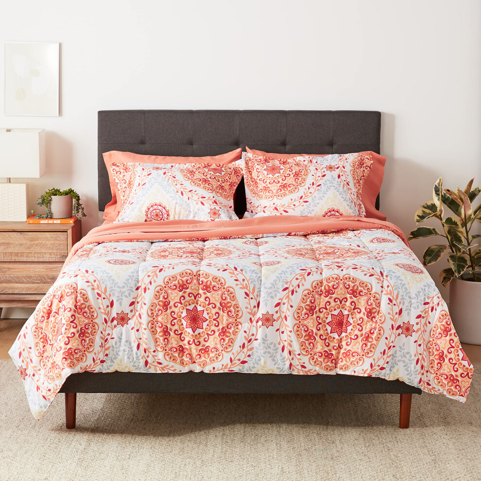 Amazon Basics Full/Queen Comforter Set with Sheets  5-Piece Coral Medallion Bedding  Lightweight Microfiber Bed-in-a-Bag