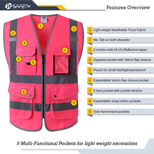 JKSafety 9 Θέσεις Σακάκι Υψηλής Ορατότητας Με Ανακλαστικές Ράβδους (X-Large, 150-Ροζ) 2