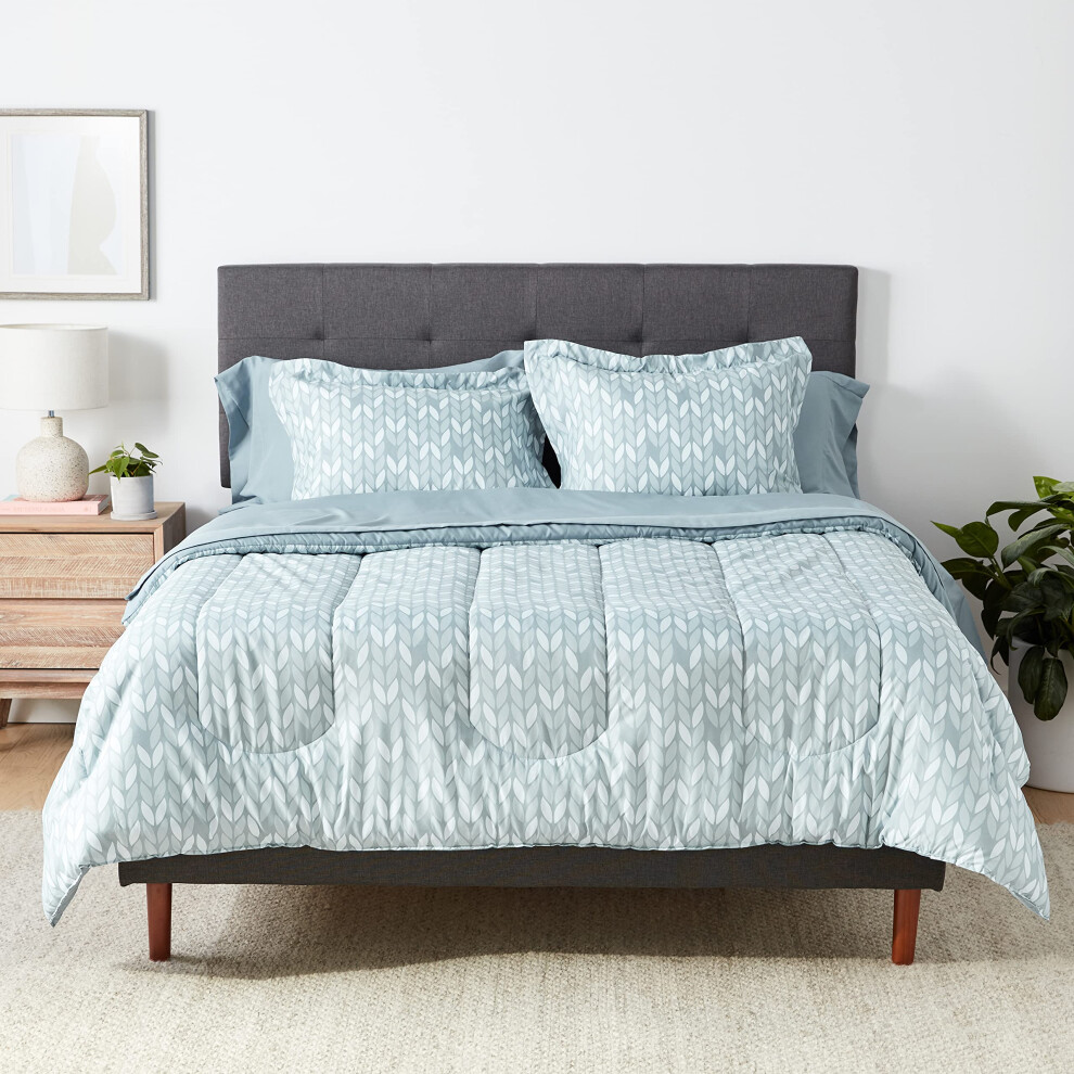 Parure de lit 5 pi  ces Amazon Basics avec draps et housse de couette (grand lit/double) Motif feuilles grises, l  g  re, en microfibre, dans un sac