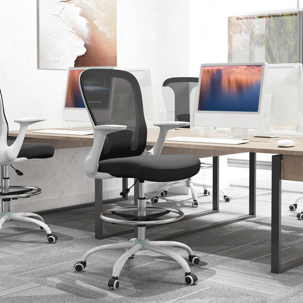 (Black) HOMCOM Mesh Draughtsman Chair, Ergonomic Drafting Chair