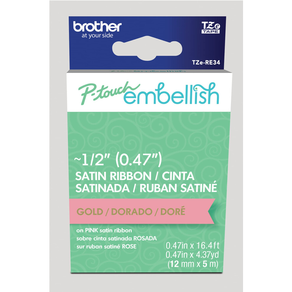 Brother P-Touch Embellish Gold Print on Pink Satin Ribbon TZERE34 ~  Wide x ~13.1 Long for use with P-Touch Embellish Ribbon & Tape Printer