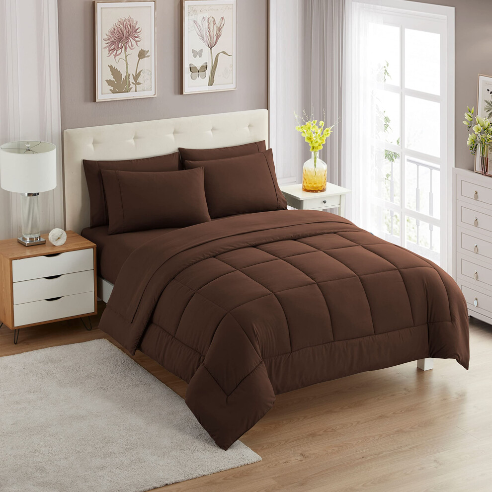 Ensemble de couette 7 pi   ces Sweet Home Collection, couleur unie, toutes saisons, couverture en duvet doux et draps luxueux en microfibre, marron