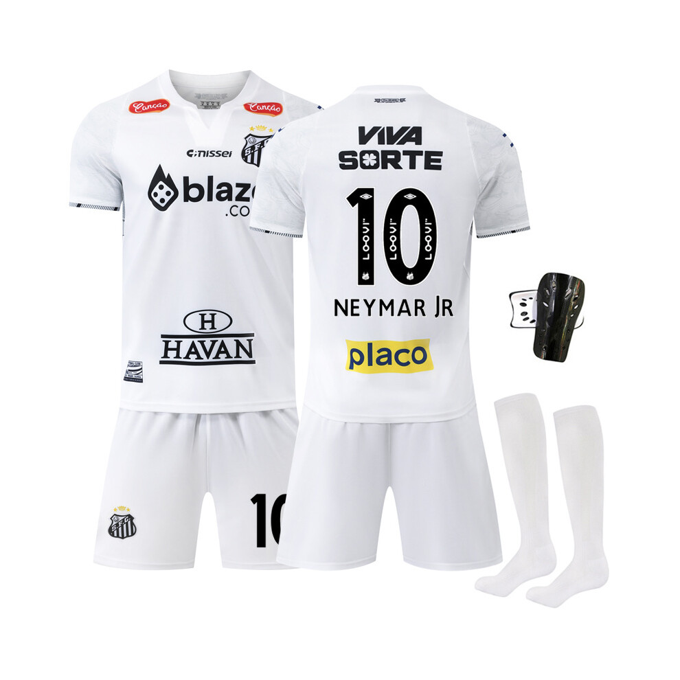 (10号带袜子+护具, #S) 2025-26 New Men Kids Soccer Jersey Santos home football uniform No. 10 Neymar jersey white Brazilian league sportswear with advertising version