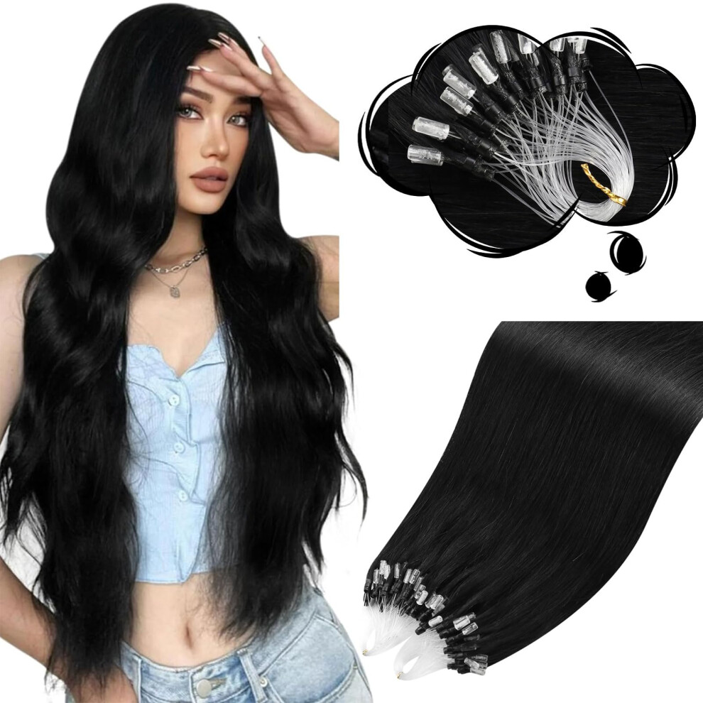 Moresoo Unisex Black Micro Loop Hair Extensiosn Real Human Hair Jet Microlink Hair Extensions Human Hair Extensions Micro Beads Hair Extensions Micro L
