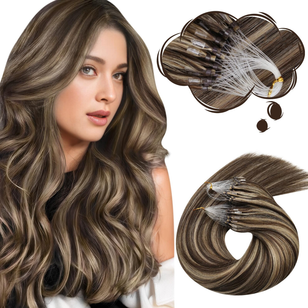 Moresoo Micro Bead Hair Extensions Ash Brown Human Hair Micro Link Hair Extensions 16 Inch Highlight Chocolate Brown With Caramel Blonde Micro Loop Ha