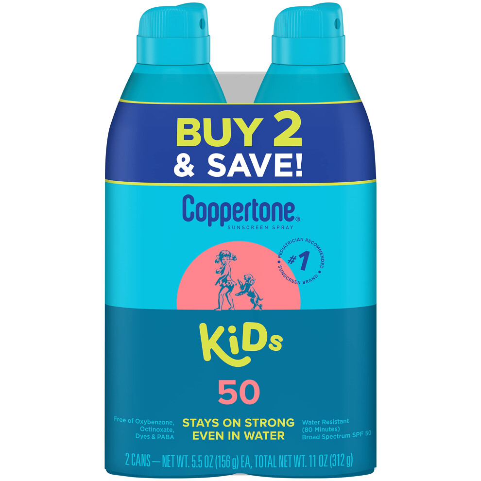 Coppertone Sunscreen Spray SPF 50  Broad Spectrum  Water Resistant for Kids  #1 Pediatrician Recommended Brand  5.5 Ounce (Pack of 2)