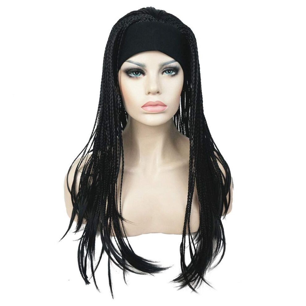 Aimole Unisex Black Long Braided Wigs Crochet Hair Fully Hand Tied Twist Braided With Headband Half Wig(1-)