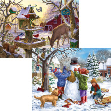 Bits and Pieces - Set of Two (2) 300 Piece Christmas Jigsaw Puzzles for Adults - Building a Snowman on a Snow Day Sunrise Feasting - 300 pc Wint