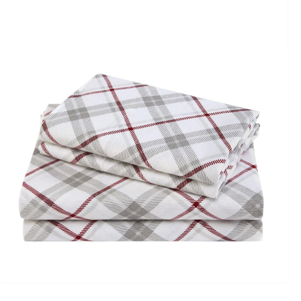 Draps en flanelle de coton respirant et chaud avec poche profonde et taie d'oreiller, parure de lit king size     carreaux gris/rouge, 4 pi   ces