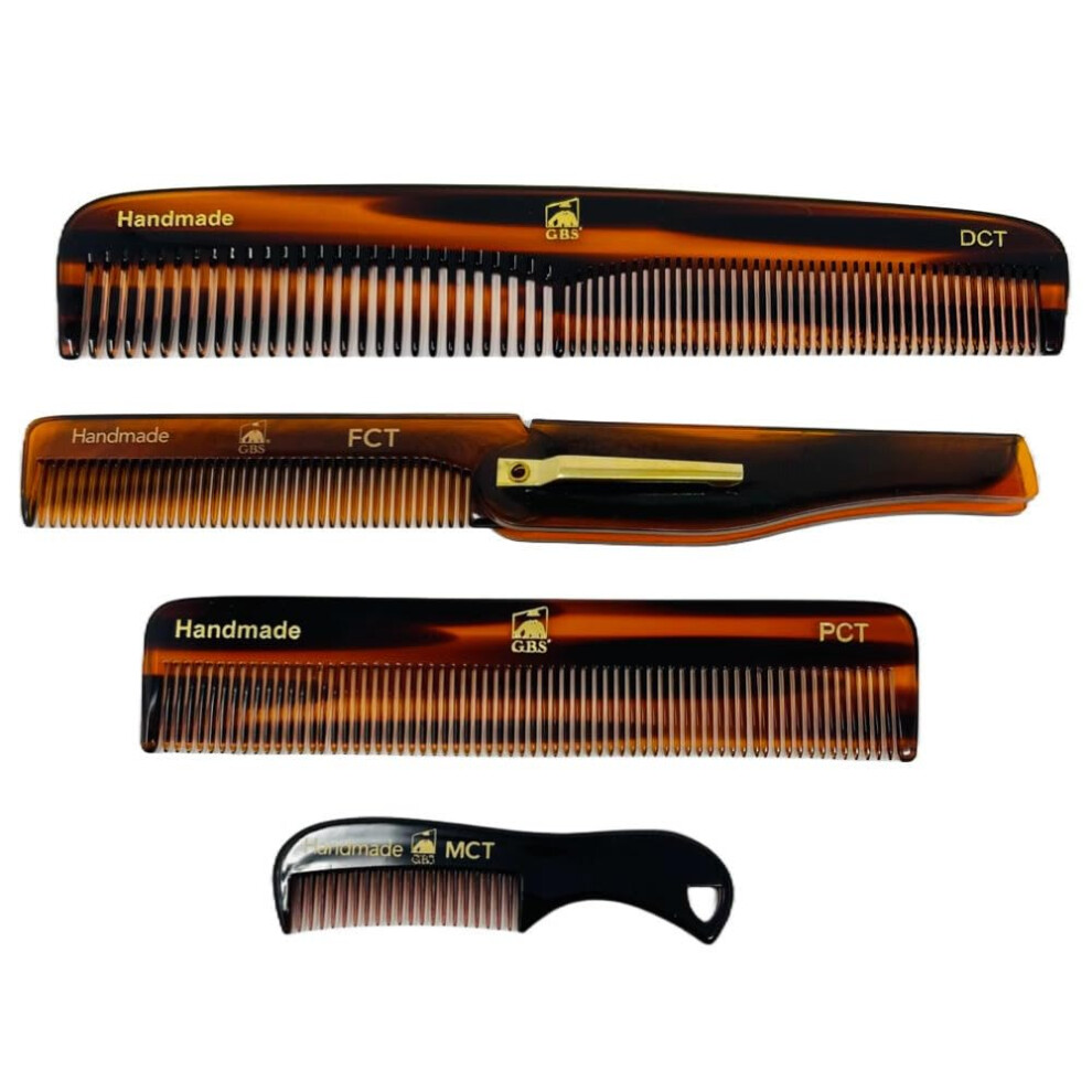 Gbs Unisex G.b.s Handmade Stylish Comb Set- Hair Styling Grooming For Men Women Fine Toothed Tortoise Combs Pack Of 4 1 Dct Dressing 1 Fct Folding 1 Pct Pocke