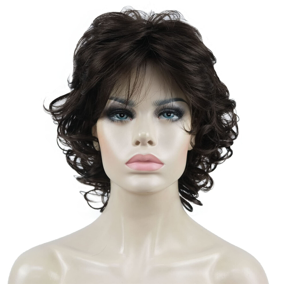 Aimole Unisex Brown Short Chestnut Curly Wig Synthetic Hair Women's Full Wigs (6 Chestnut )