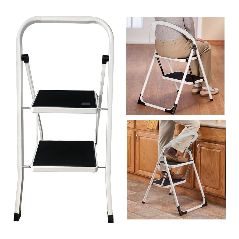 2 Step Ladder Portable Folding 2 Step Stool Heavy Duty Steel Ladder With Hand Rail And Antislip Wide Peda Lightweight Stepladder Use, 330Lbs Capacity 8000000032508