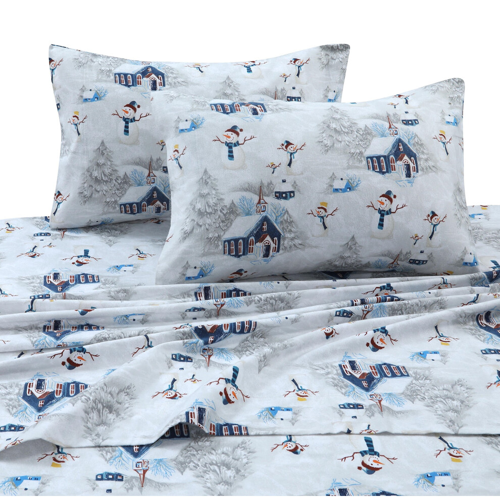 Parure de draps     poches profondes en flanelle imprim   e bonhomme de neige bleu marine/rouge Tribeca Living SNMANSHEETFUNR pour lit double