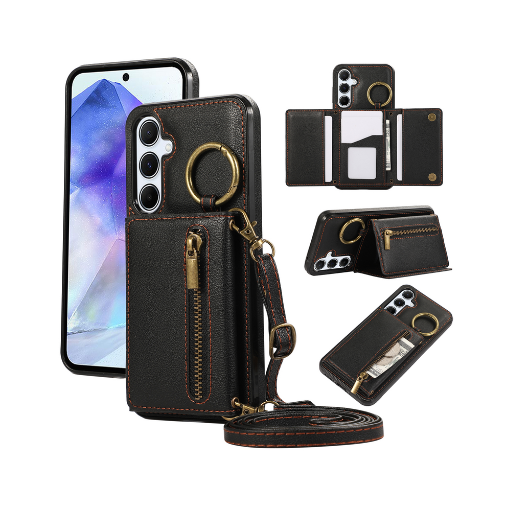 (black, For Galaxy A26 5G) Crossbody Zipper Cards Solt Wallet Leather Case Fo