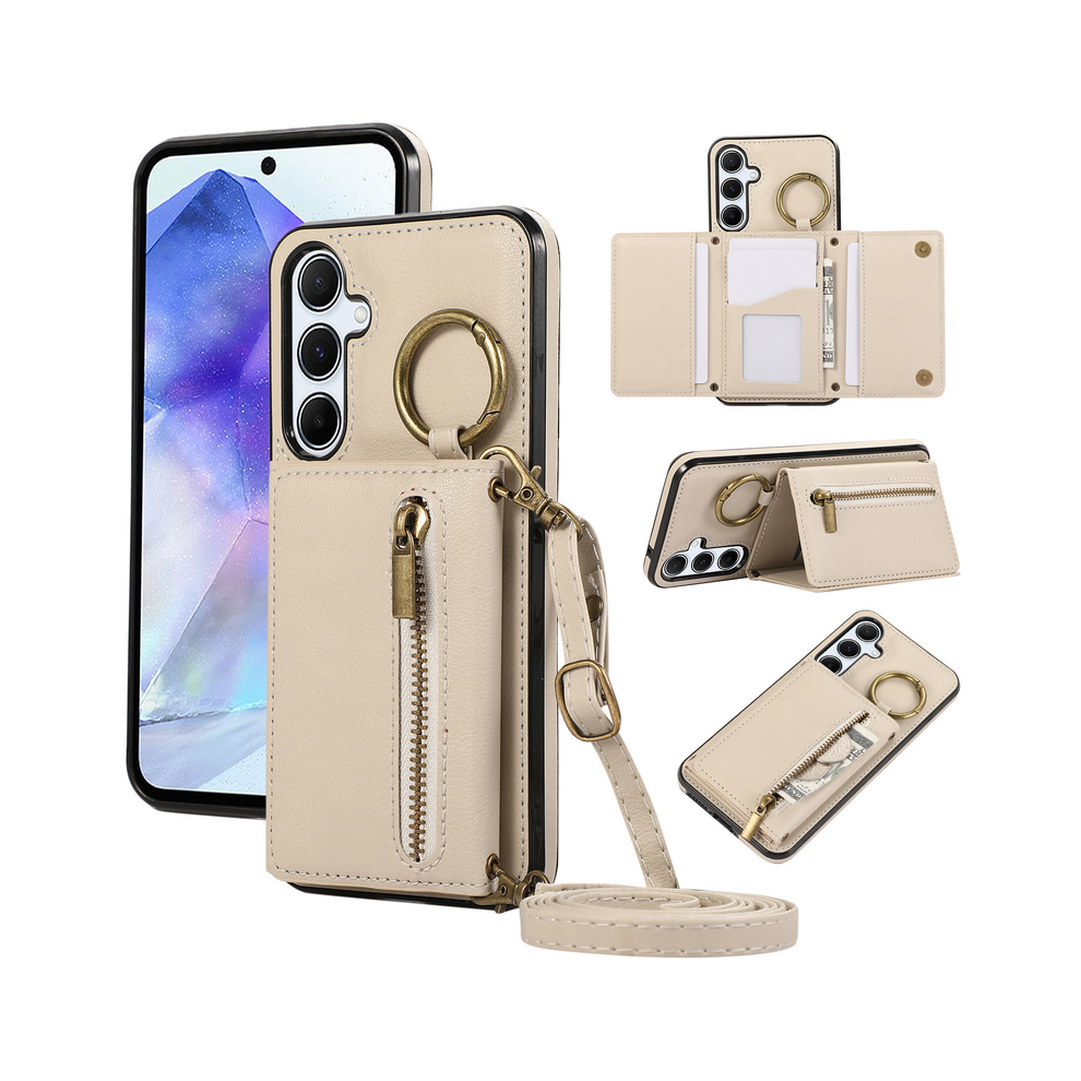 (Beige, For Galaxy A26 5G) Crossbody Zipper Cards Solt Wallet Leather Case Fo