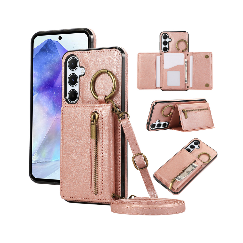 (Rose For Galaxy A25 5G) Crossbody Zipper Cards Solt Wallet Leather Case Fo Gold 967855096865