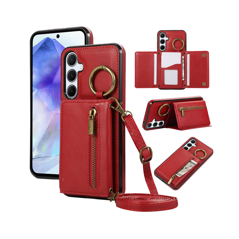 (, For Galaxy A25 5G) Crossbody Zipper Cards Solt Wallet Leather Case Fo Red 967855096889