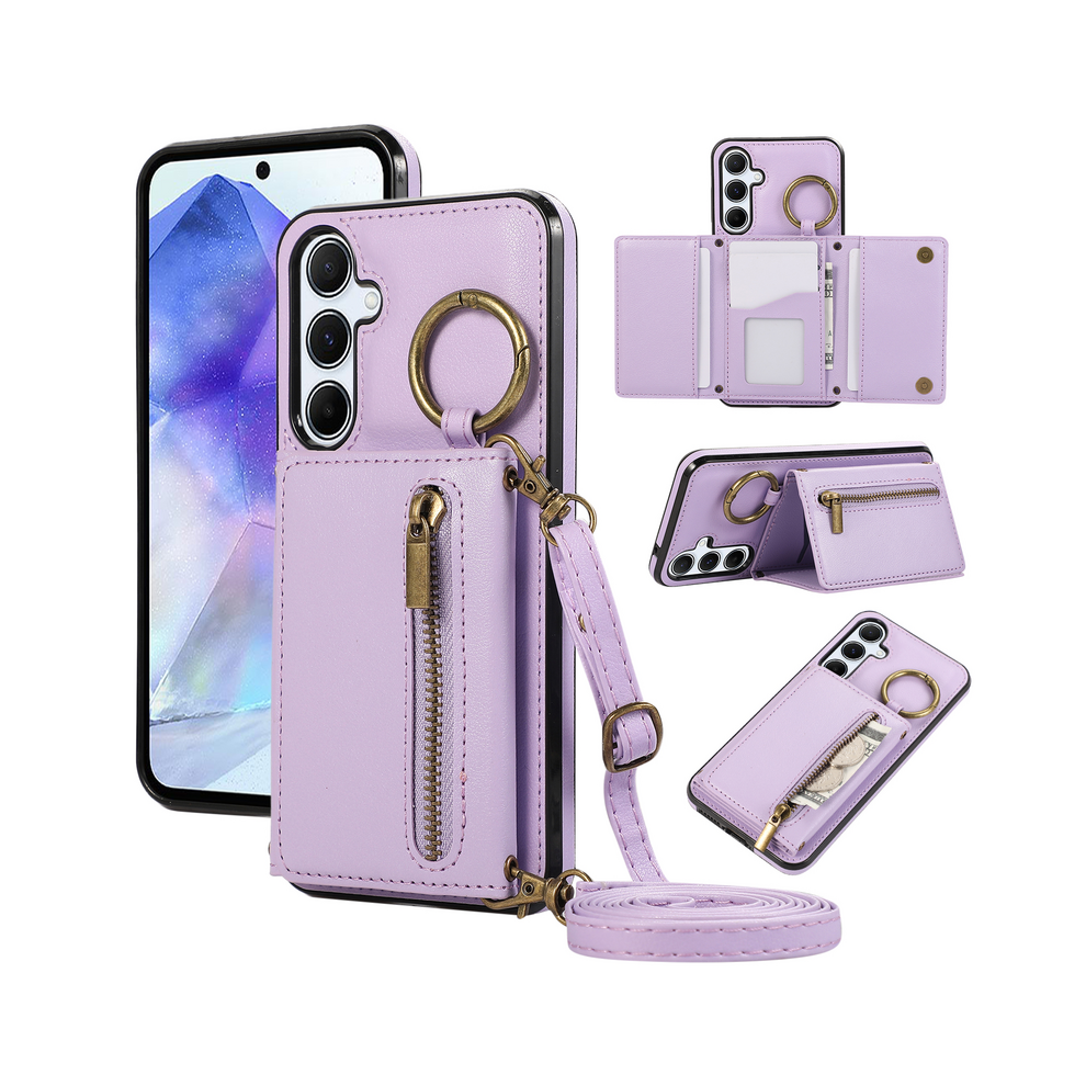 (, For Galaxy A25 5G) Crossbody Zipper Cards Solt Wallet Leather Case Fo Purple 967855096896