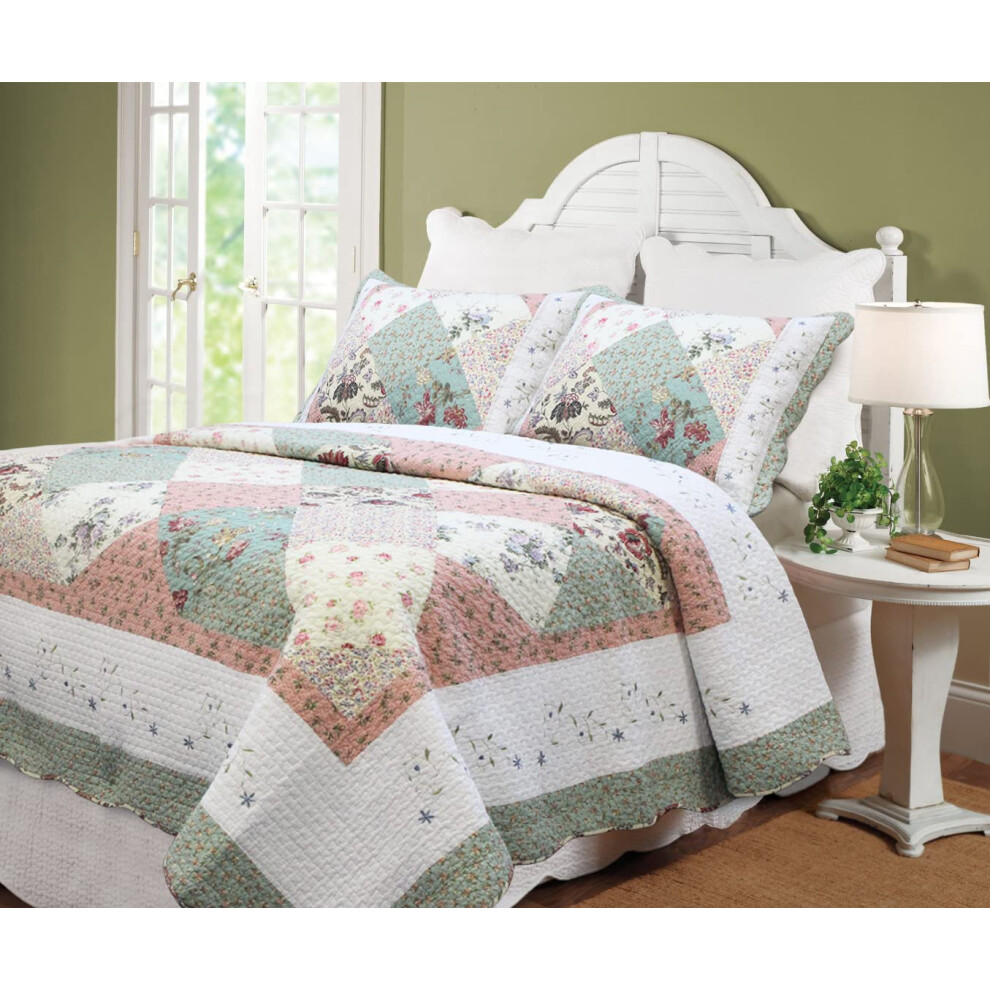 Cozy Line Home Fashions Floral Real Patchwork Vert P   che Bord festonn    Country Parure de lit 100 % coton Couvre-lit r   versible (Celia