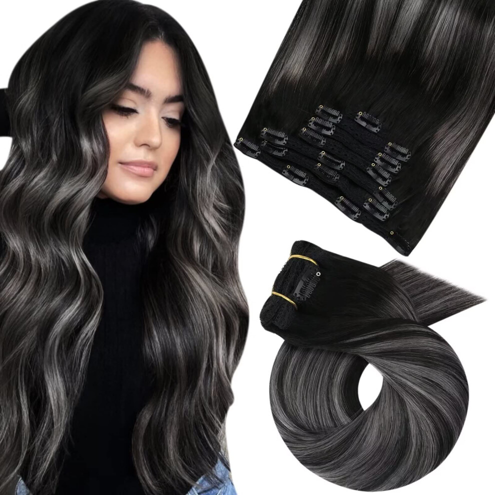 Moresoo Unisex Black,Silver,Grey Hair Extensions Real Human Hair Clip Ins Ombre Black To Silver Grey Remy Clip In Extensions Human Hair Balayage Black And Silver Clip On Hair
