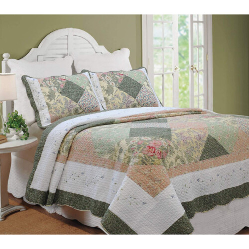 Conjunto de Colcha Floral em Patchwork Verde Oliva e Rosa 100% Algodão, Reversível