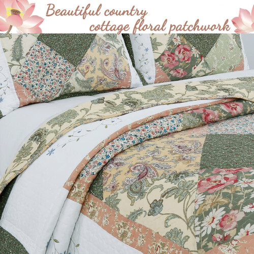 Conjunto de Colcha Floral em Patchwork Verde Oliva e Rosa 100% Algodão, Reversível 2