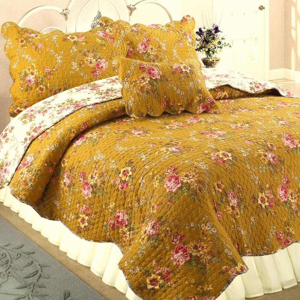 Cozy Line Home Fashions Perry Moutarde Jaune Floral Fleurie Imprim    100% Coton Vintage Parure de Lit Couvre-lit R   versible (Camel)