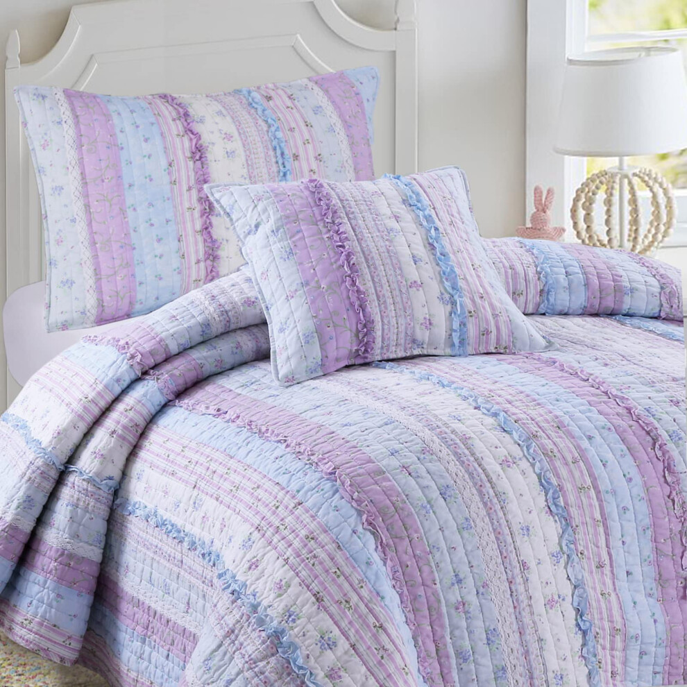 Cozy Line Home Fashions Raelynn Parure de lit 3D en coton avec imprim    floral violet clair et bleu, motif orchid   e, motif romantique, rayures, co