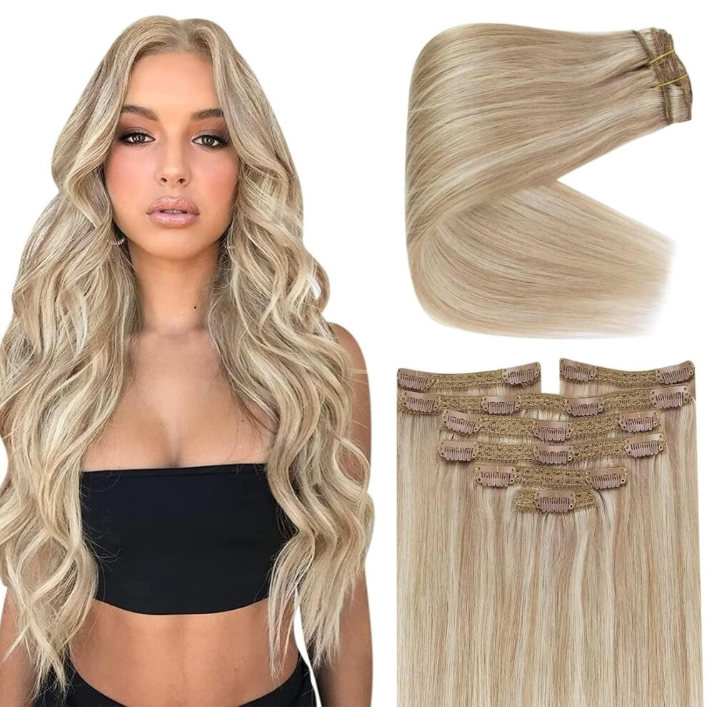 Sunny Unisex Ve Blonde Highlight Hair Extensions Clip In Human Hair Ash Blonde 14 Inch Double Weft Full Head Blonde Remy Clip In Human Hair Extensions 7Pcs 1