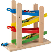 Play22 Wooden Car Ramps Race - 4 Legetøjskarrampsspor til legetøjsbiler inkluderer 4 trælegetøjsbiler - My første babylegetøj - Toddler Race Car