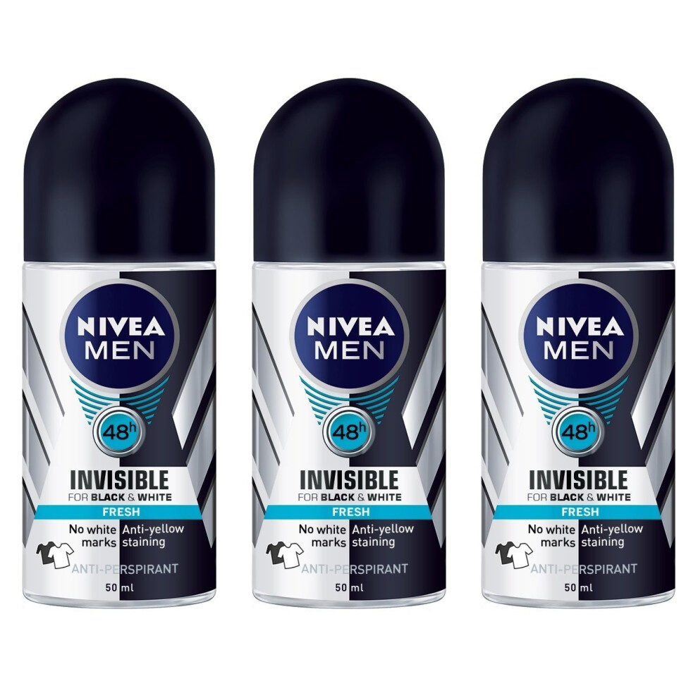 (Pack of 3 Bottles) Nivea INVISIBLE FOR BLACK & WHITE FRESH Scent Men's Roll On Anti-perspirant Deodorant (Pack of 3 Bottles  1.7oz / 50ml Each Bottle