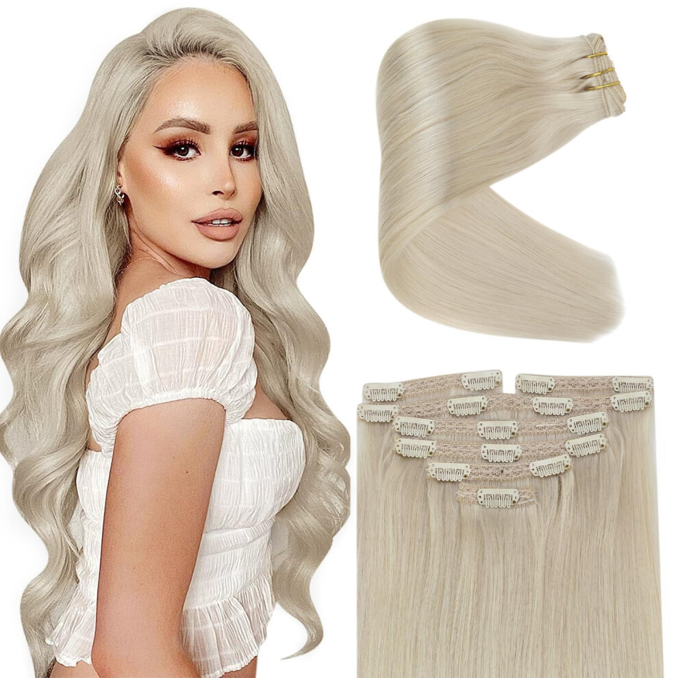Har Soligt Sunny Blonde Clip In Hair Extensions Human Hair Invisible Clip Ins Human Hair Extensions Platinum Blonde Extensions Clip Ins 7Pcs 120G 24Inch Silver